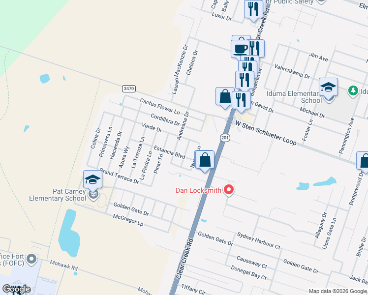 map of restaurants, bars, coffee shops, grocery stores, and more near 5002 Andreana Drive in Killeen