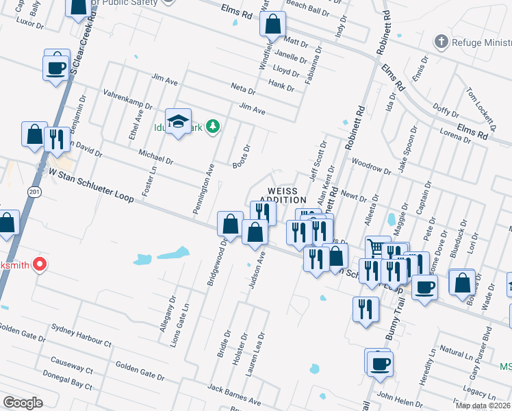 map of restaurants, bars, coffee shops, grocery stores, and more near 4413 Abigail Drive in Killeen