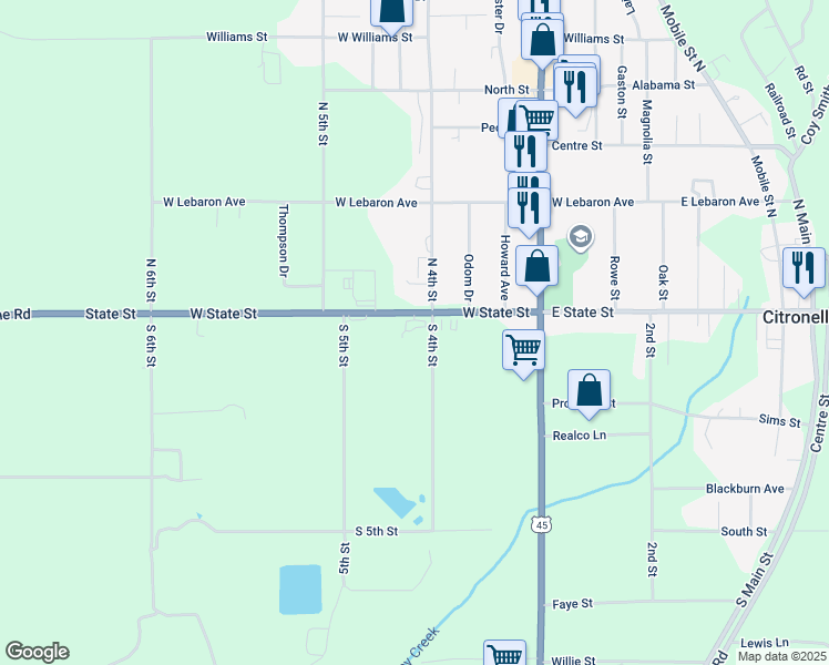 map of restaurants, bars, coffee shops, grocery stores, and more near 601-639 West State Street in Citronelle