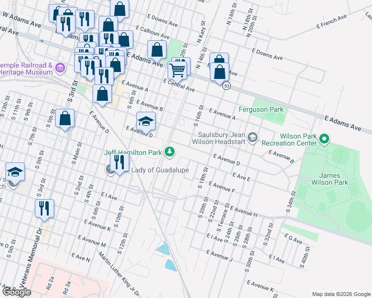 map of restaurants, bars, coffee shops, grocery stores, and more near 713 D Avenue in Temple