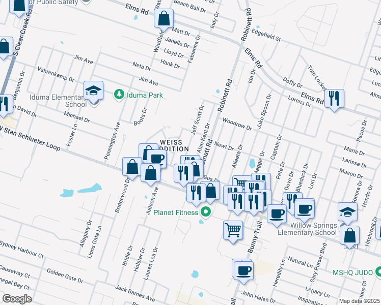 map of restaurants, bars, coffee shops, grocery stores, and more near 4408 Jeff Scott Drive in Killeen