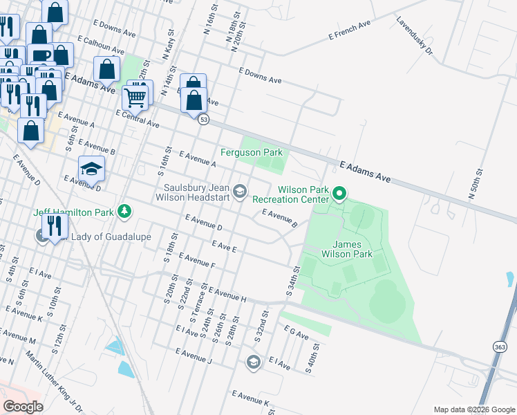 map of restaurants, bars, coffee shops, grocery stores, and more near 208 South 26th Street in Temple