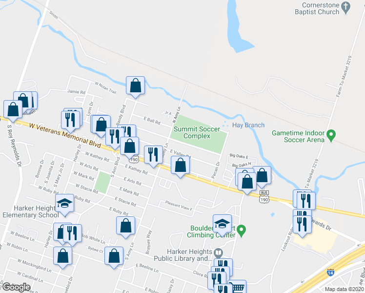 map of restaurants, bars, coffee shops, grocery stores, and more near 210 Turnbo Road in Harker Heights