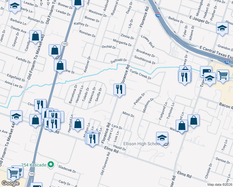 map of restaurants, bars, coffee shops, grocery stores, and more near 3108 Denia Court in Killeen