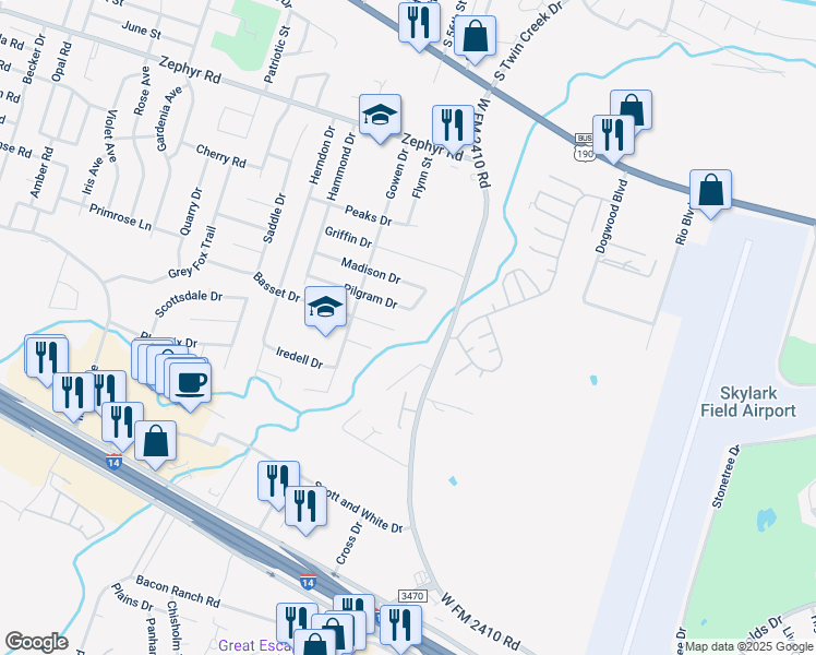 map of restaurants, bars, coffee shops, grocery stores, and more near 3905 Basset Court in Killeen