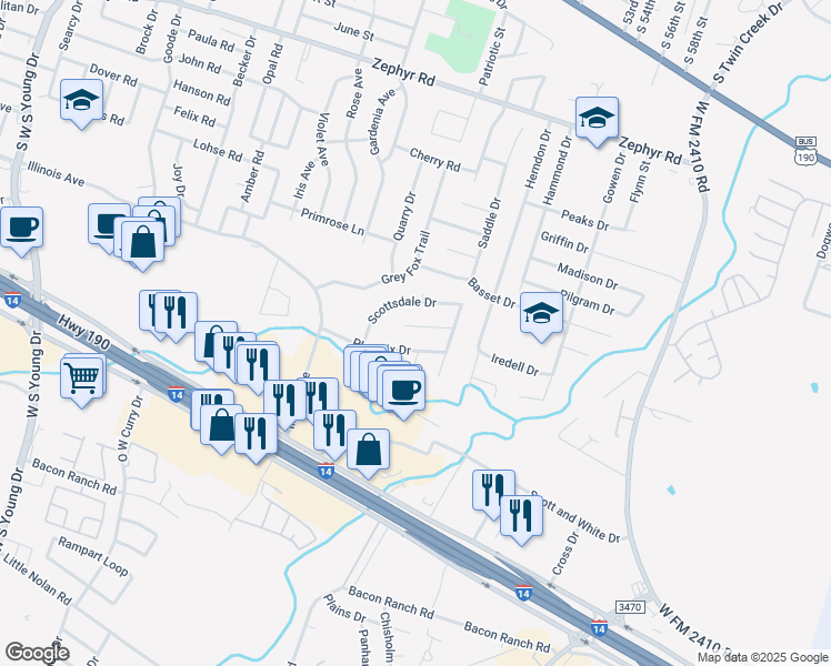 map of restaurants, bars, coffee shops, grocery stores, and more near 2910 Tucson Drive in Killeen