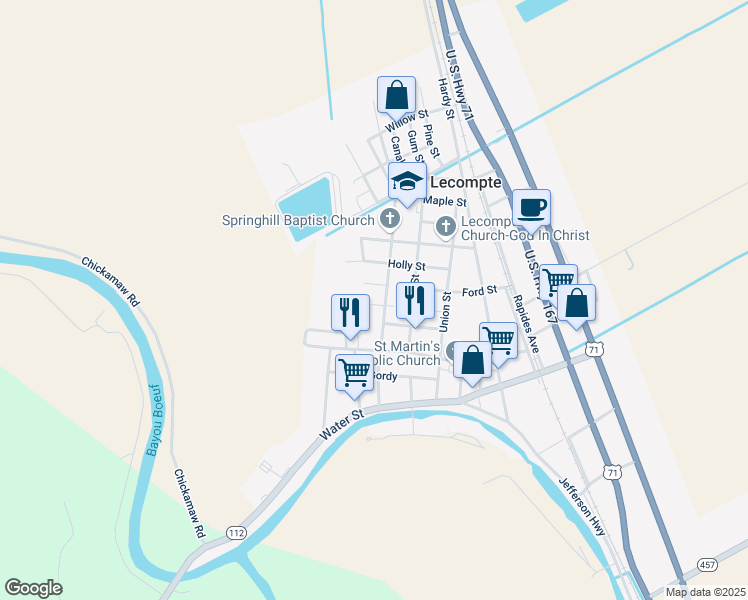 map of restaurants, bars, coffee shops, grocery stores, and more near 1708 Fry Street in Lecompte