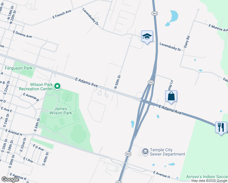 map of restaurants, bars, coffee shops, grocery stores, and more near 119 North 50th Street in Temple
