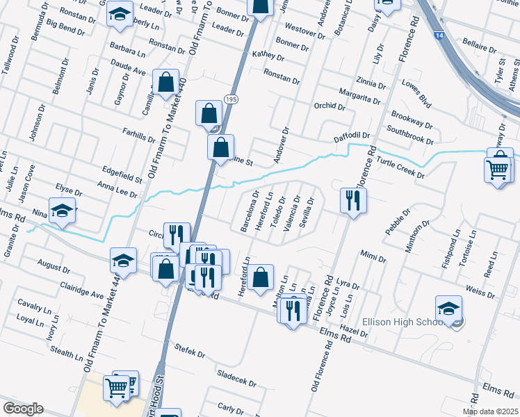 map of restaurants, bars, coffee shops, grocery stores, and more near 3209 Hereford Lane in Killeen