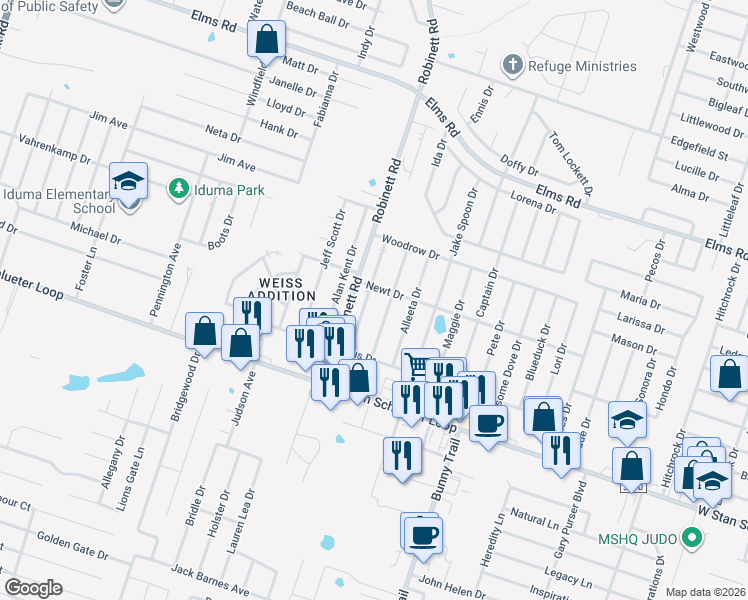 map of restaurants, bars, coffee shops, grocery stores, and more near 4402 Deek Drive in Killeen