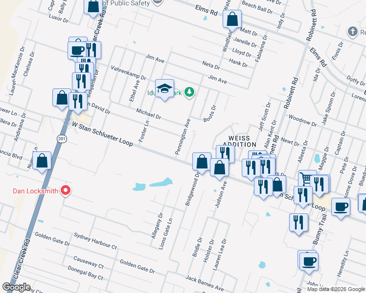 map of restaurants, bars, coffee shops, grocery stores, and more near 4602 Pennington Avenue in Killeen