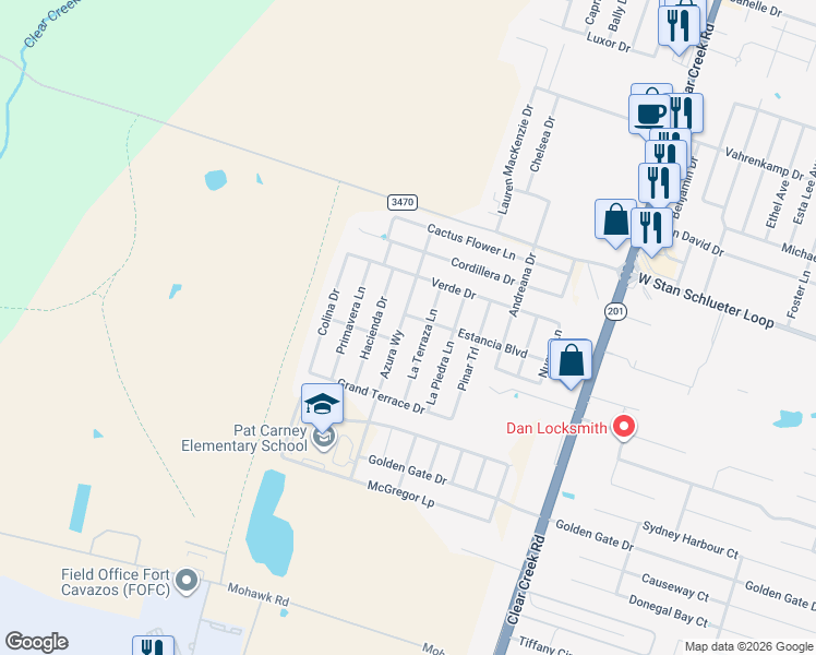 map of restaurants, bars, coffee shops, grocery stores, and more near 5102 Azura Way in Killeen