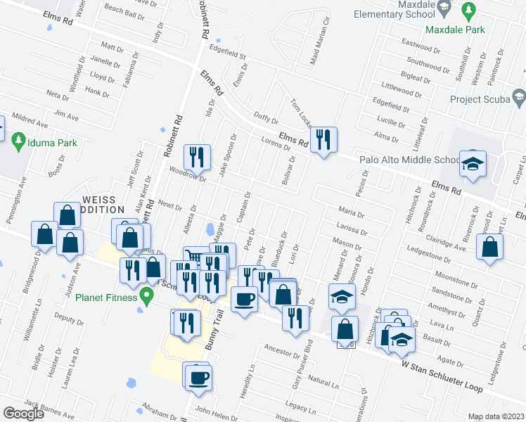 map of restaurants, bars, coffee shops, grocery stores, and more near 4204 Pete Drive in Killeen
