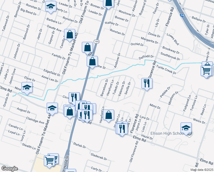 map of restaurants, bars, coffee shops, grocery stores, and more near 3308 Barcelona Drive in Killeen