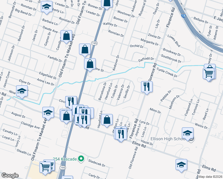 map of restaurants, bars, coffee shops, grocery stores, and more near 3300 Hereford Lane in Killeen