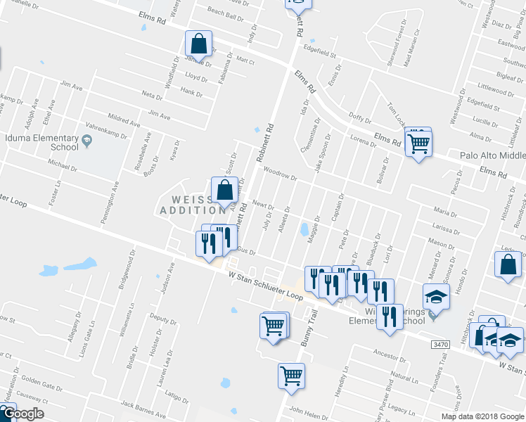 map of restaurants, bars, coffee shops, grocery stores, and more near in Killeen