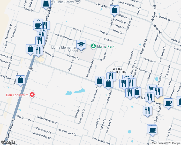 map of restaurants, bars, coffee shops, grocery stores, and more near 4602 Pennington Avenue in Killeen