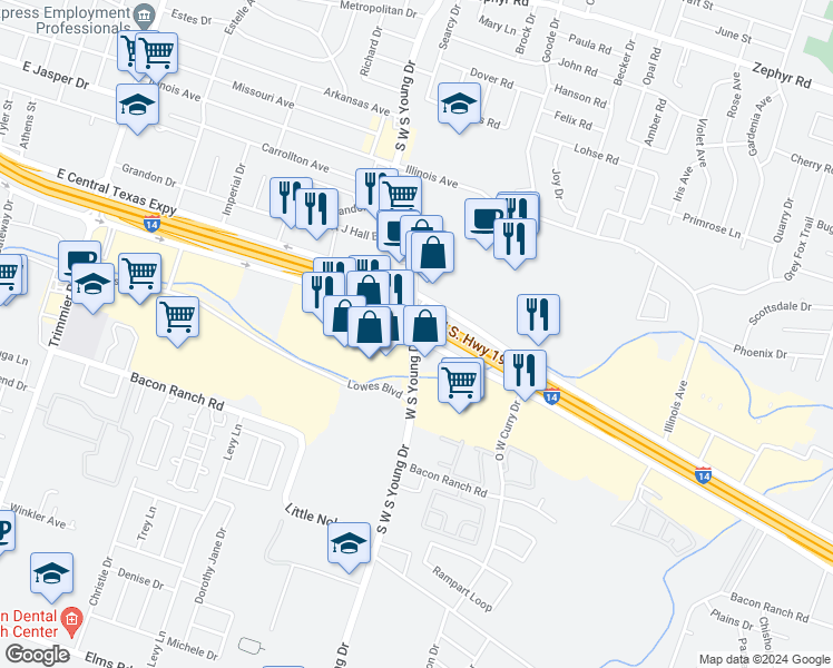 map of restaurants, bars, coffee shops, grocery stores, and more near 3205 East Central Texas Expressway in Killeen