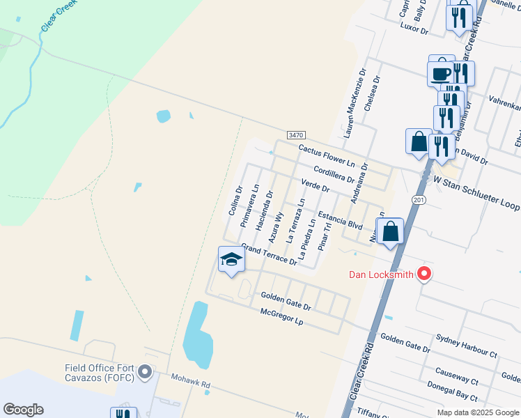 map of restaurants, bars, coffee shops, grocery stores, and more near 5107 Hacienda Drive in Killeen