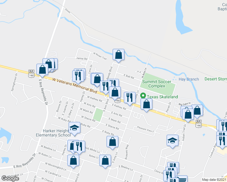 map of restaurants, bars, coffee shops, grocery stores, and more near 106 East Valley Road in Harker Heights
