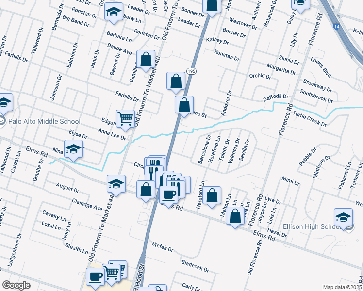 map of restaurants, bars, coffee shops, grocery stores, and more near 2805 Leroy Cir in Killeen
