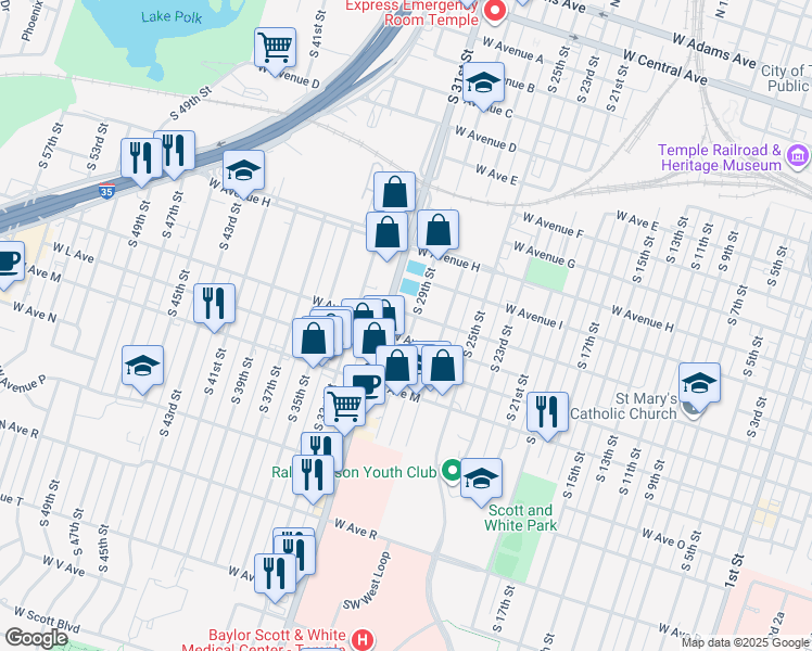 map of restaurants, bars, coffee shops, grocery stores, and more near 1014 South 29th Street in Temple