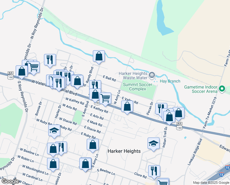 map of restaurants, bars, coffee shops, grocery stores, and more near 128 Turnbo Road in Harker Heights