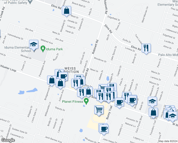 map of restaurants, bars, coffee shops, grocery stores, and more near 4403 Deek Drive in Killeen