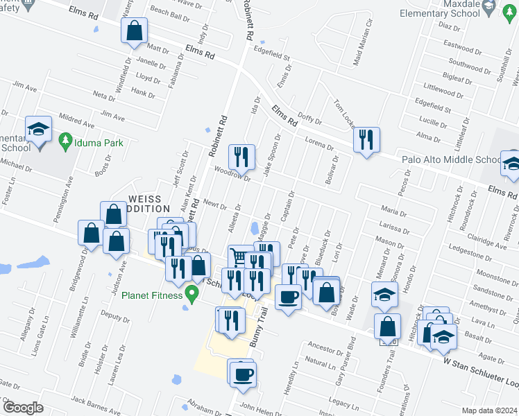 map of restaurants, bars, coffee shops, grocery stores, and more near 4304 Jake Spoon Drive in Killeen
