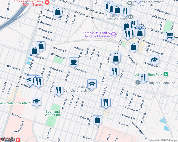 map of restaurants, bars, coffee shops, grocery stores, and more near 718 South 11th Street in Temple