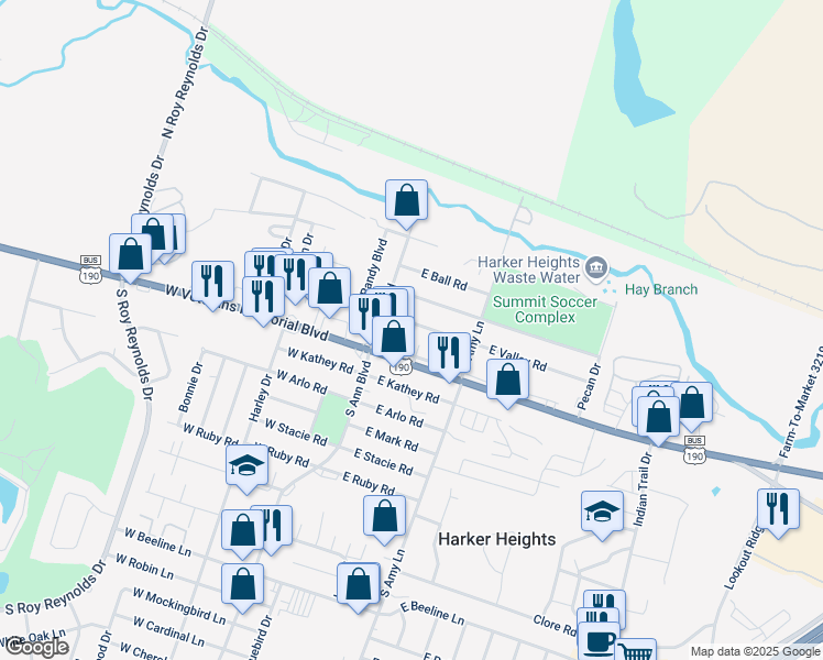 map of restaurants, bars, coffee shops, grocery stores, and more near 106 East Valley Road in Harker Heights
