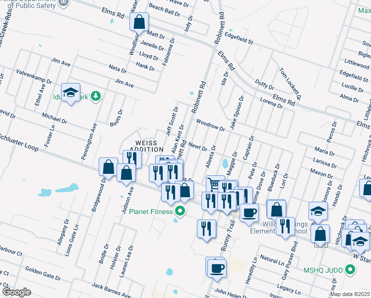 map of restaurants, bars, coffee shops, grocery stores, and more near 4403 Deek Drive in Killeen
