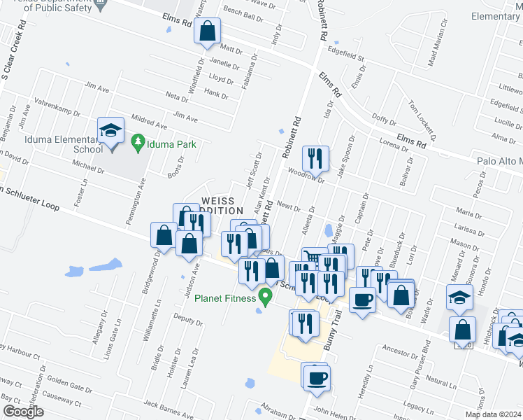 map of restaurants, bars, coffee shops, grocery stores, and more near 4403 Deek Drive in Killeen
