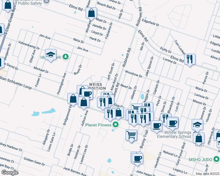 map of restaurants, bars, coffee shops, grocery stores, and more near 4408 Jeff Scott Drive in Killeen
