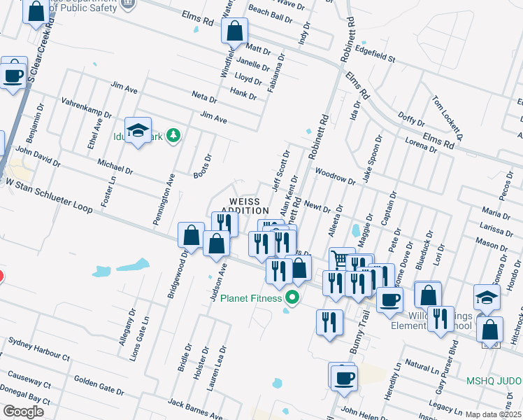 map of restaurants, bars, coffee shops, grocery stores, and more near 4408 Jeff Scott Drive in Killeen