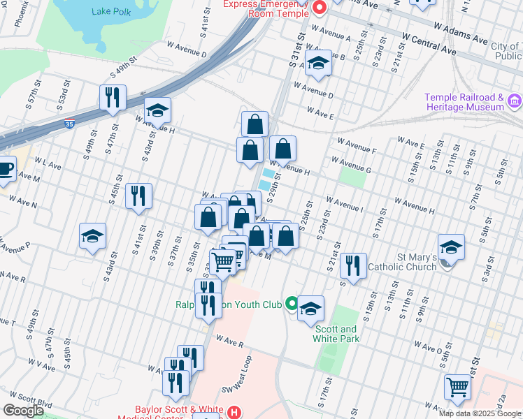 map of restaurants, bars, coffee shops, grocery stores, and more near 1014 South 29th Street in Temple