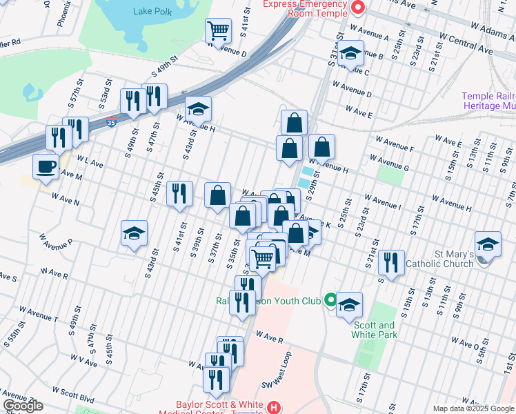 map of restaurants, bars, coffee shops, grocery stores, and more near 1100 S 33rd St in Temple
