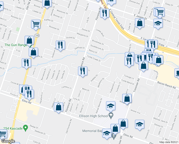 map of restaurants, bars, coffee shops, grocery stores, and more near 200 Kings Court in Killeen