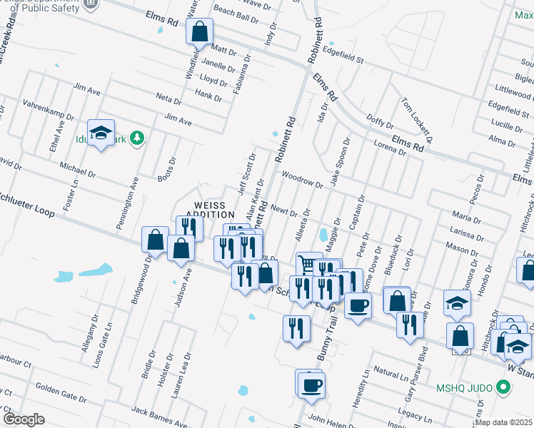 map of restaurants, bars, coffee shops, grocery stores, and more near 4403 Deek Drive in Killeen