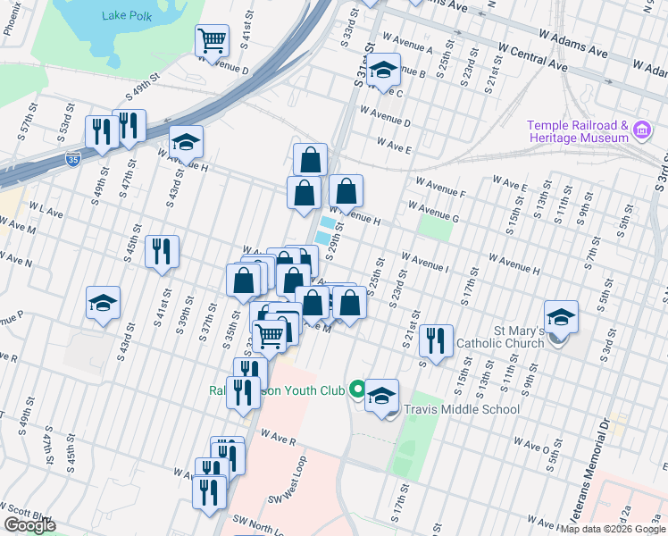 map of restaurants, bars, coffee shops, grocery stores, and more near 1014 South 29th Street in Temple