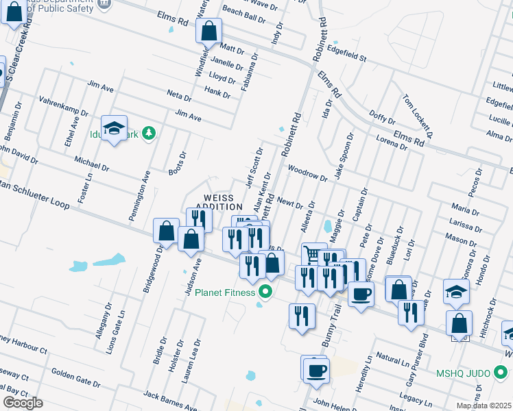 map of restaurants, bars, coffee shops, grocery stores, and more near 4408 Jeff Scott Drive in Killeen