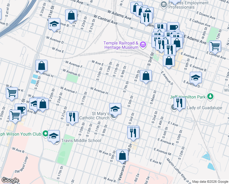 map of restaurants, bars, coffee shops, grocery stores, and more near 709 South 9th Street in Temple