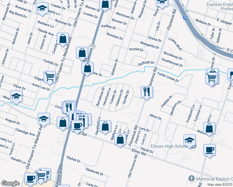 map of restaurants, bars, coffee shops, grocery stores, and more near 3301 Valencia Drive in Killeen