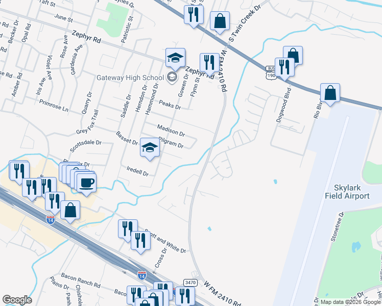 map of restaurants, bars, coffee shops, grocery stores, and more near 4008 Pilgram Drive in Killeen