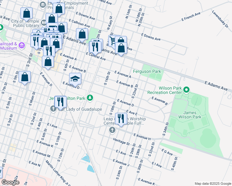 map of restaurants, bars, coffee shops, grocery stores, and more near 909 East Avenue C in Temple