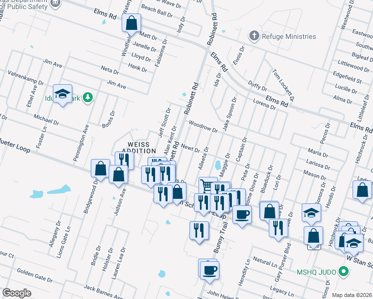 map of restaurants, bars, coffee shops, grocery stores, and more near 4400 Deek Drive in Killeen