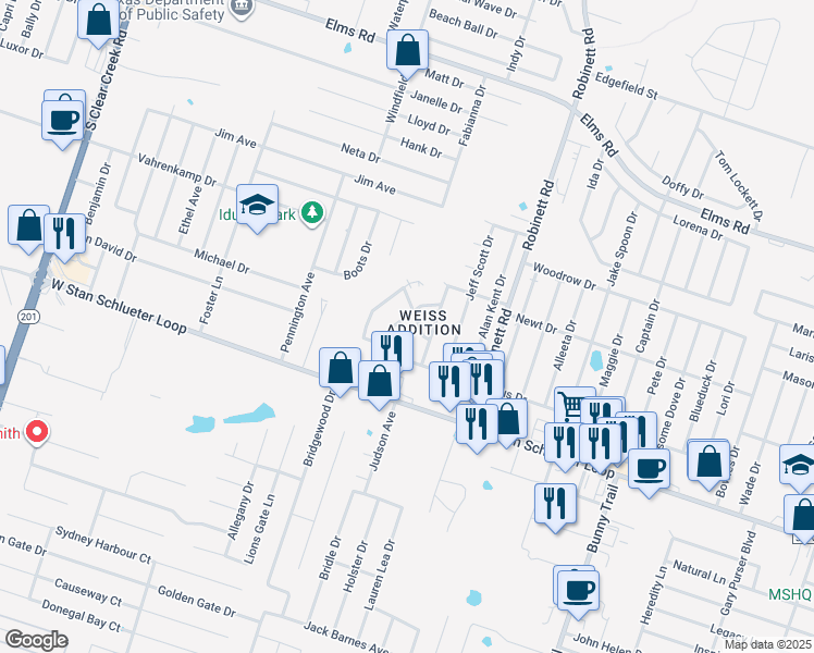 map of restaurants, bars, coffee shops, grocery stores, and more near 4404 Abigail Drive in Killeen