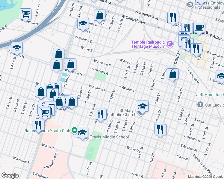 map of restaurants, bars, coffee shops, grocery stores, and more near 811 South 17th Street in Temple