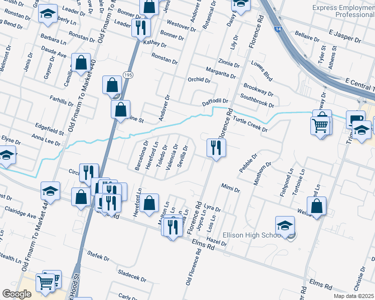map of restaurants, bars, coffee shops, grocery stores, and more near 3210 Sevilla Drive in Killeen