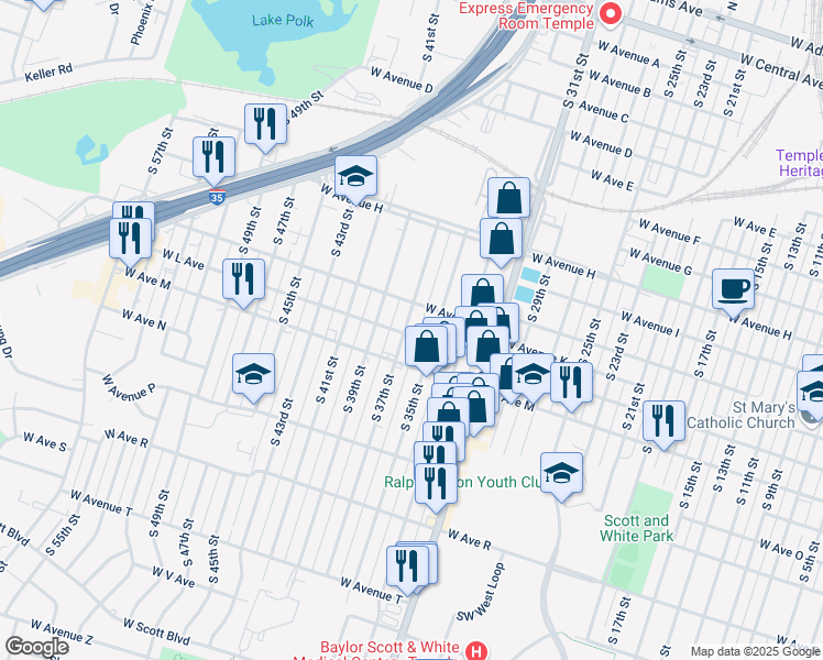 map of restaurants, bars, coffee shops, grocery stores, and more near 1818 West L Avenue in Temple